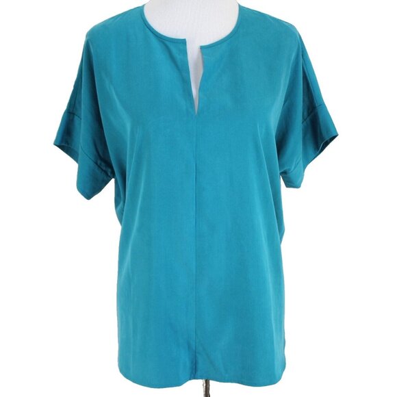 Eileen Fisher Top Womens Size M Teal Blue Short Sleeve Split V Neck Lyocell - Picture 1 of 7